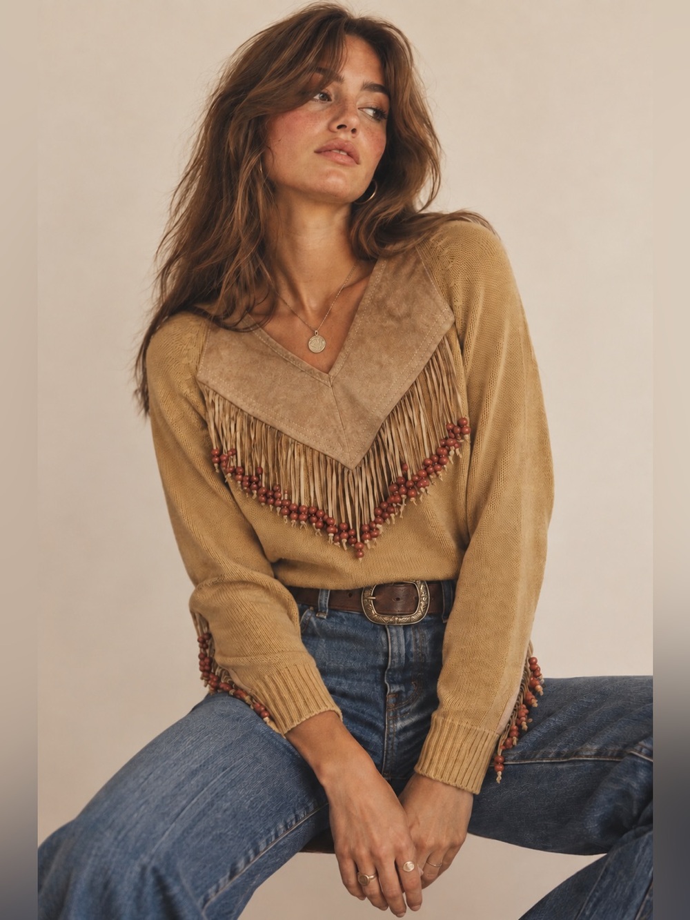 Vintage 70s Miller Outerwear Suede Fringe Beaded Western Cowgirl Boho Sweater L